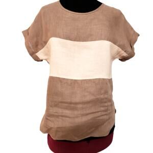 Rialto California Linen Short Cuffed Sleeve Scoopneck Color Block Top Medium